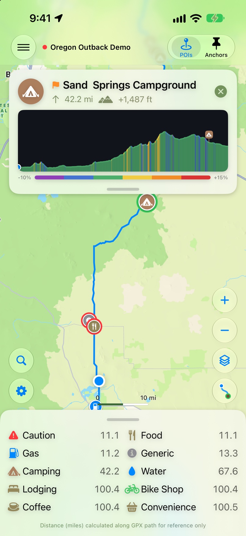 POI Navigator on the built-in Oregon Outback demo route, with a campground set as the goal and the climb to it