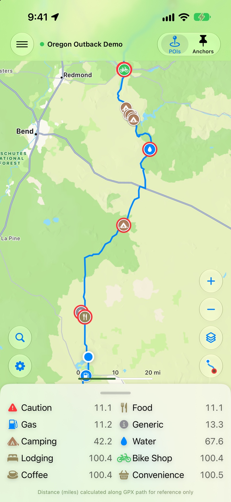 The route ahead with the next POI of each kind highlighted